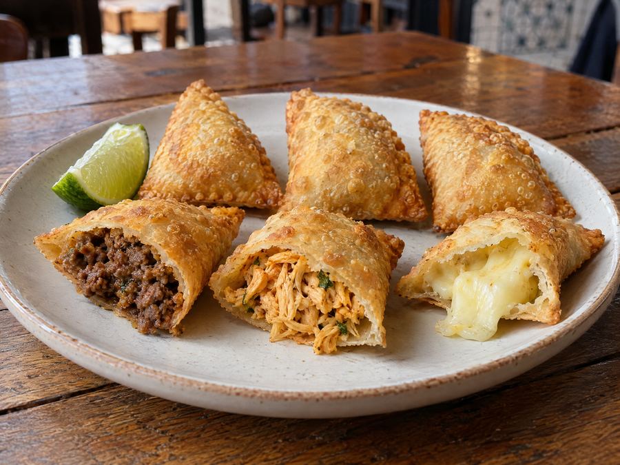 6 pastelzinhos (carne, frango ou queijo)